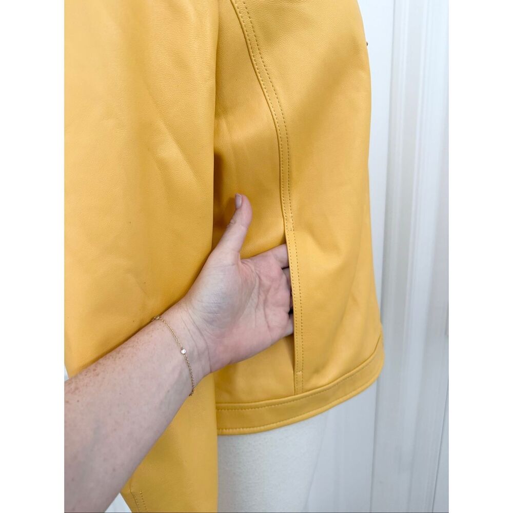 St. John Sport Marie Yellow Gold Mock Neck Full Zip Leather Jacket Size Medium - Picture 3 of 13